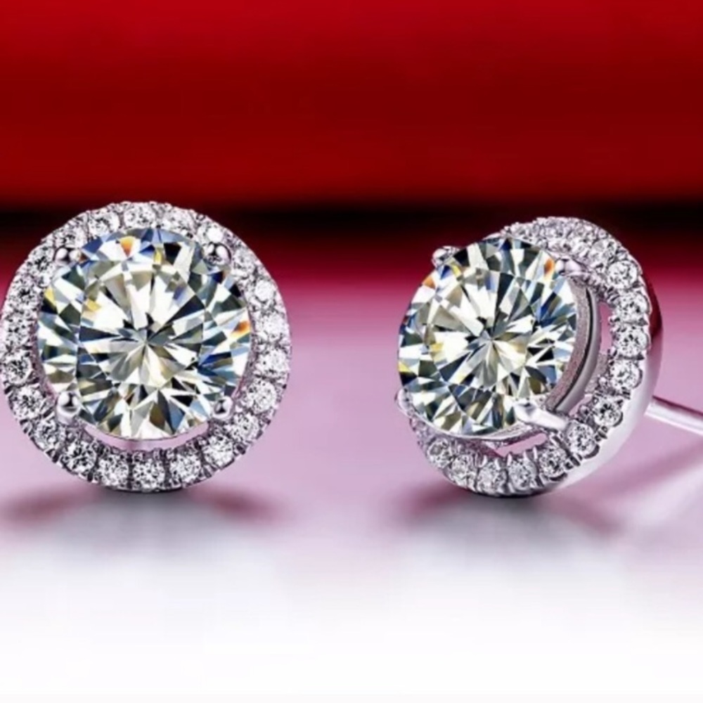 New Round Stud Diamond Sterling Silver Earrings - Picture 4 of 14